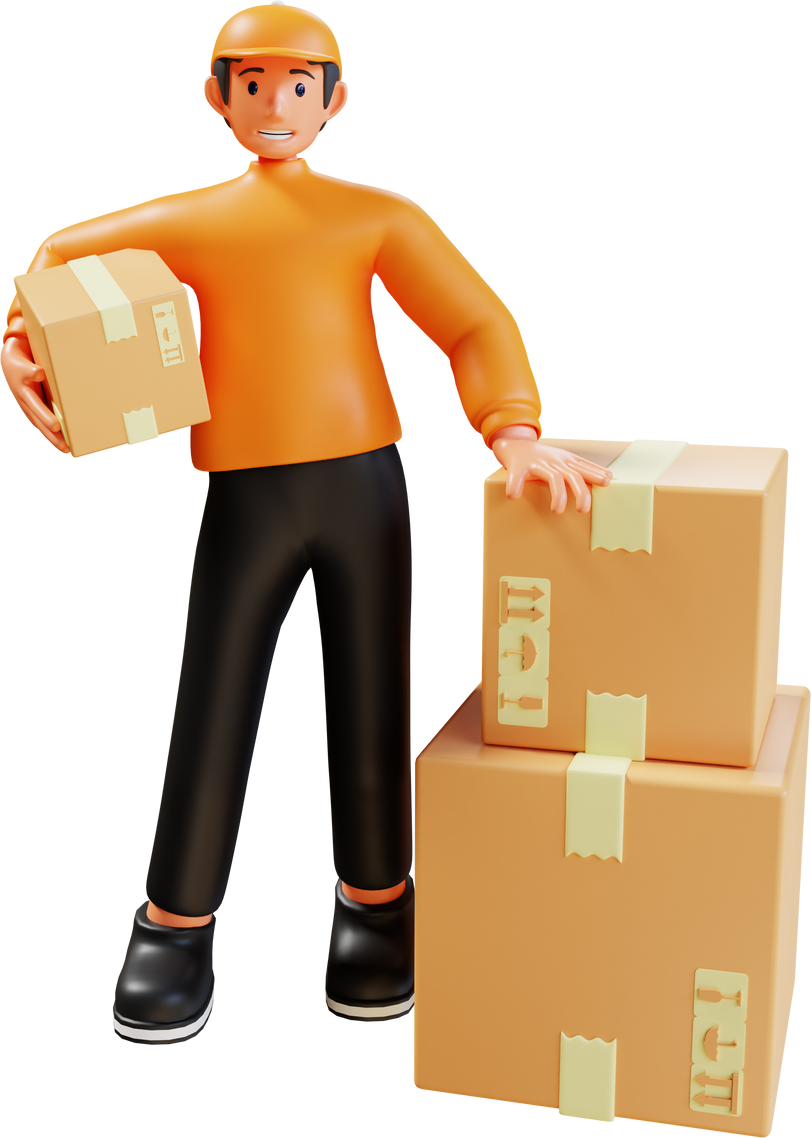 3d render orange courier with box package